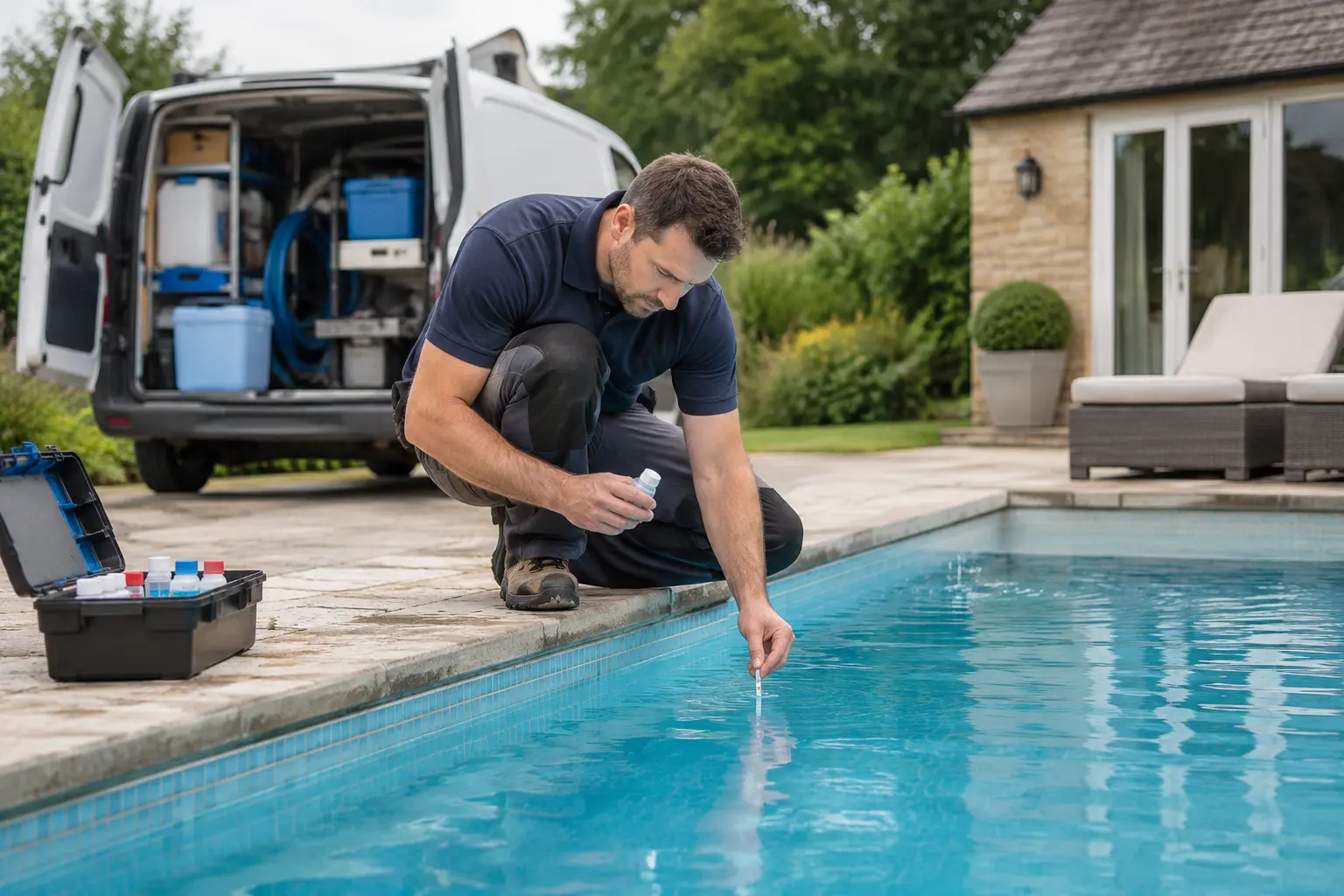Swimming pool technician testing a clear outdoor pool